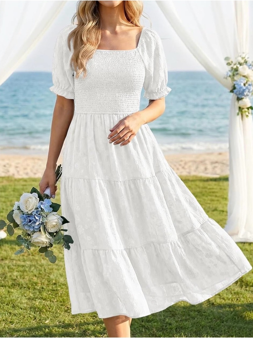 NWT Pinup Fashion White Dress 16W Plus Size Smocked Tiered Midi Puff Sleeve